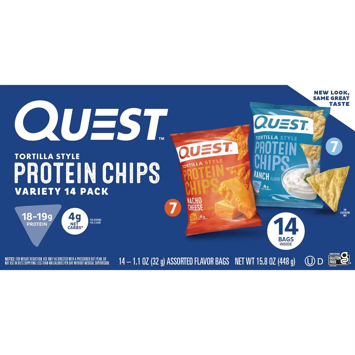 Quest Tortilla Style 18-19g Protein Chip Variety Pack, Nacho Cheese Ranch, 14 ct.